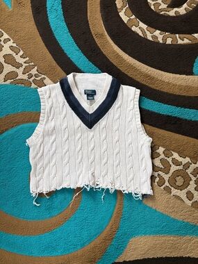 Polo By Ralph Lauren Cable-Knit V-Neck Cropped Sweater Vest with Navy Trim